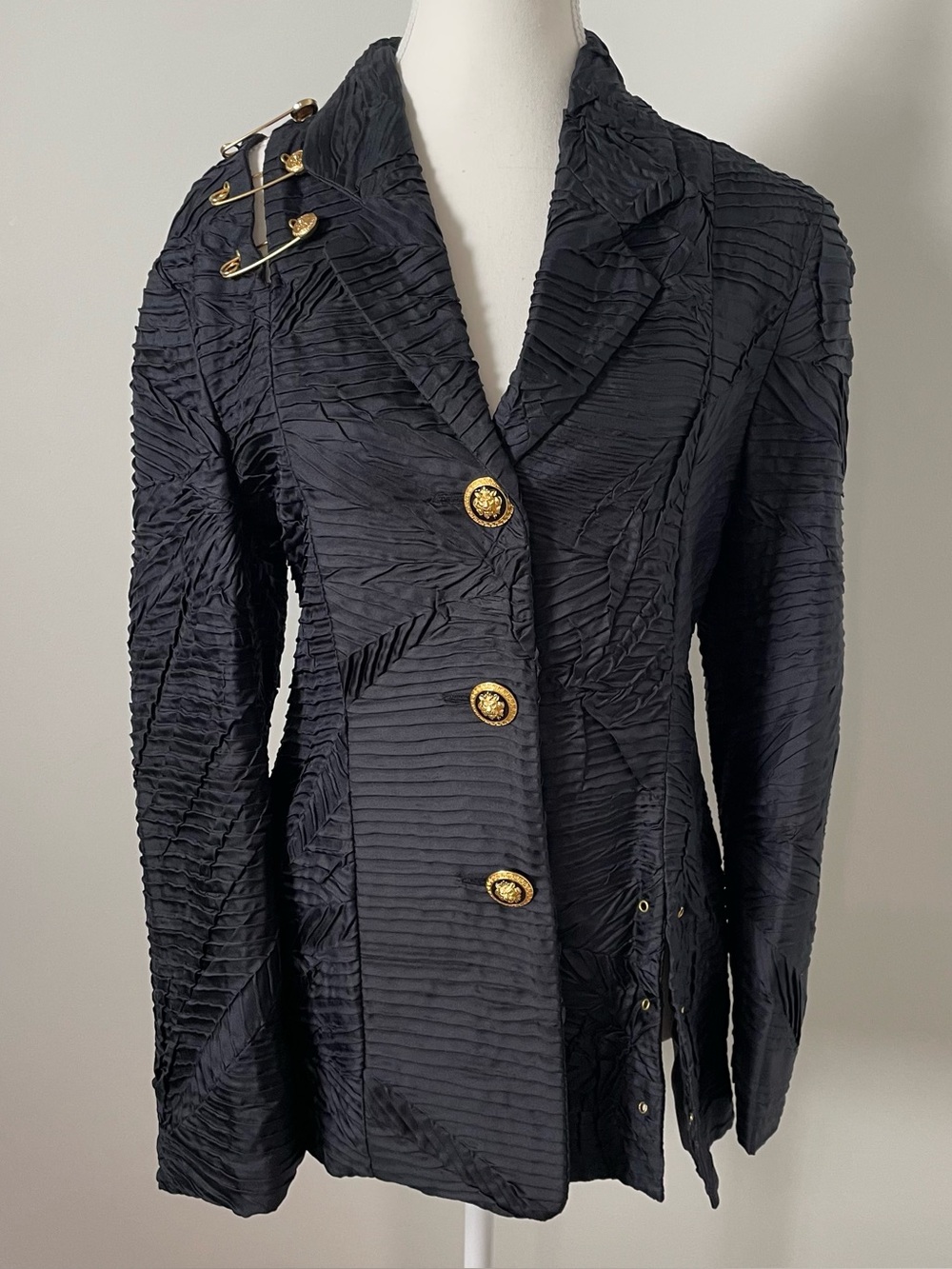 Marina Sitbon Kamosho Paris 100% Silk Blazer Black Gold Toned Buttons Size 42